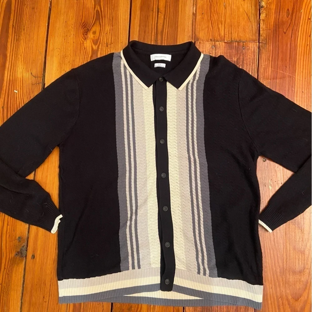 Urban Outfitters Men’s Button-Down Polo Sweater Size L Black Grey Cream Cotton
